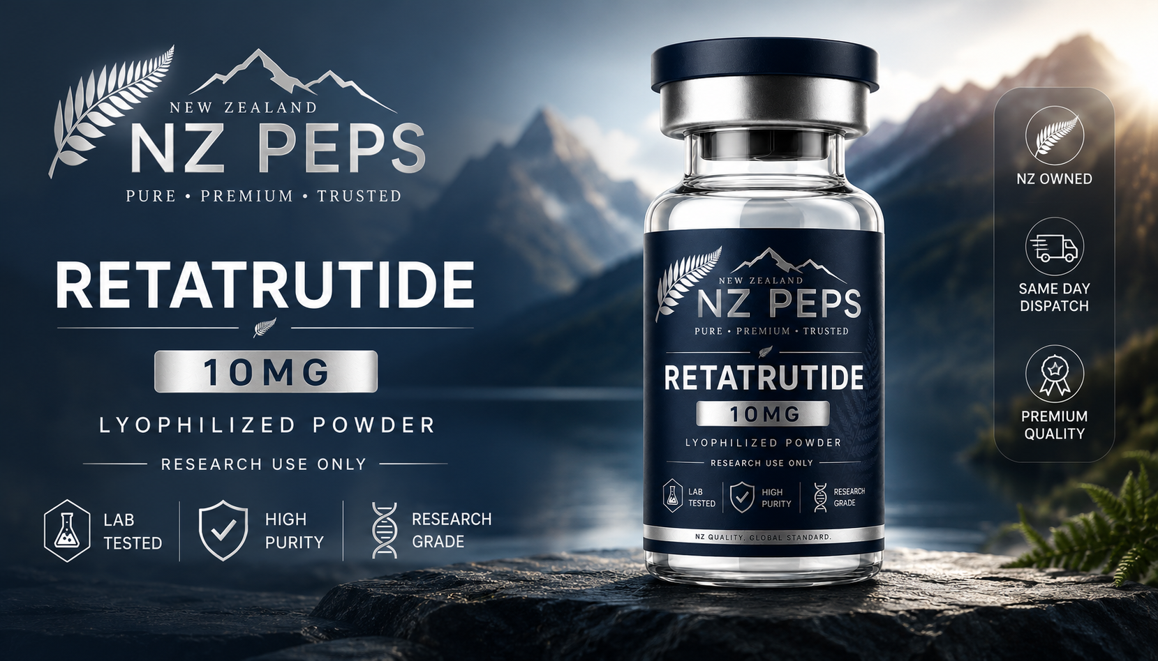 NZ Peps research peptides — Retatrutide, BPC-157, GHK-Cu, MOTS-C, PT-141 and CJC-1295/Ipamorelin, 99%+ HPLC-MS verified and dispatched same day within New Zealand